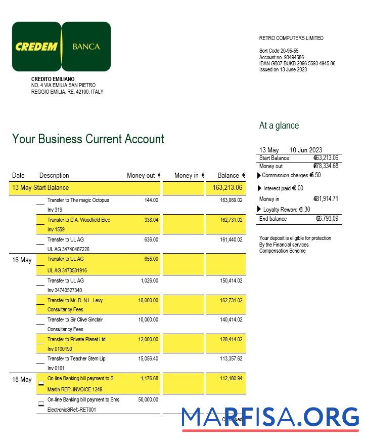 Printable Credito Emiliano firm account statement Word and PDF template